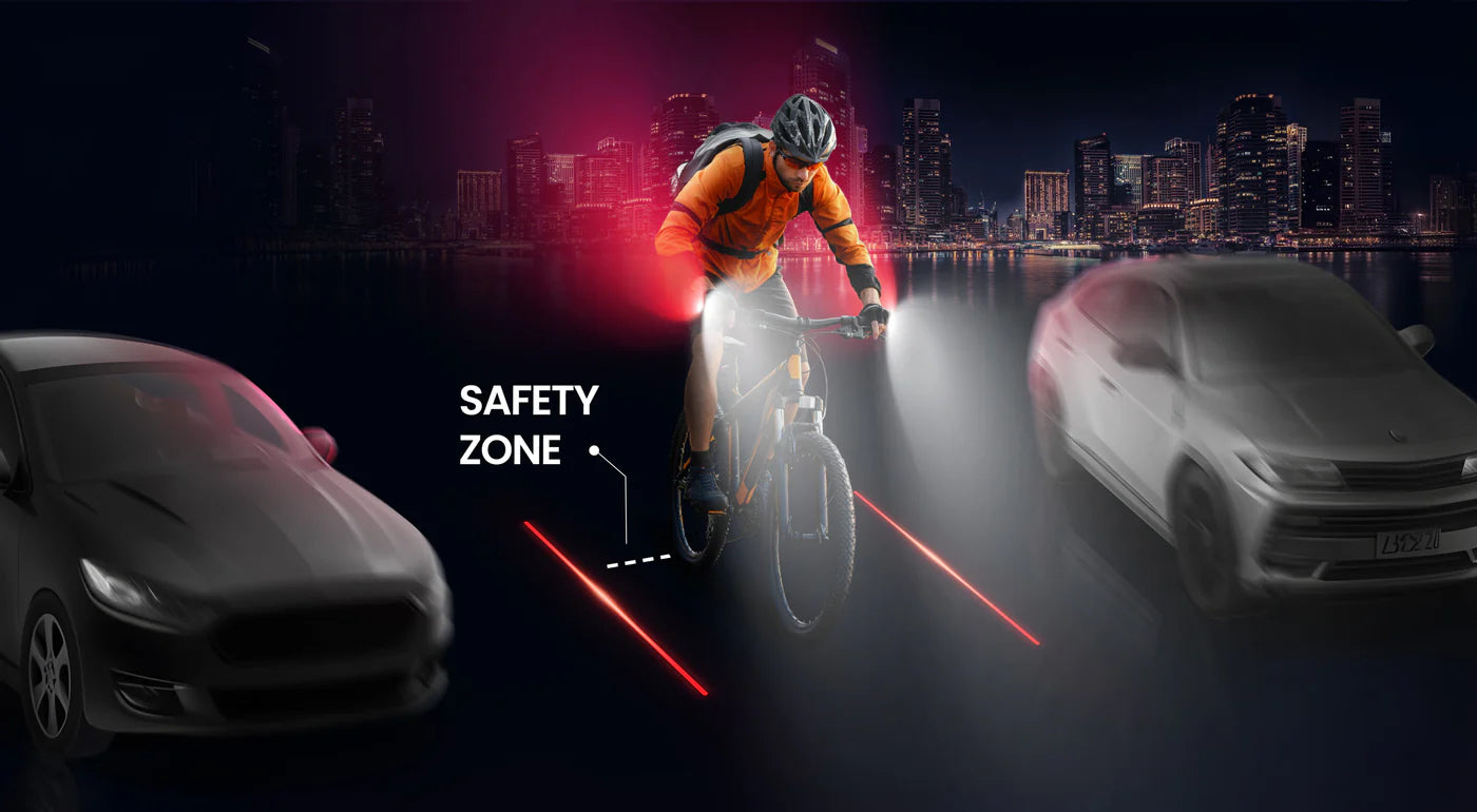 Cyclist with full width visibility lighting at night